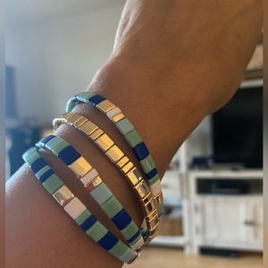 Blue and Gold Bead Stretch Bracelet Set